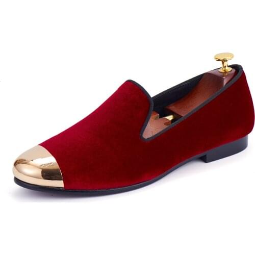 Harpelunde Men Wedding Shoes Red Velvet Loafers With Metal Cap Toe Handmade Flat Shoes Size 6-14