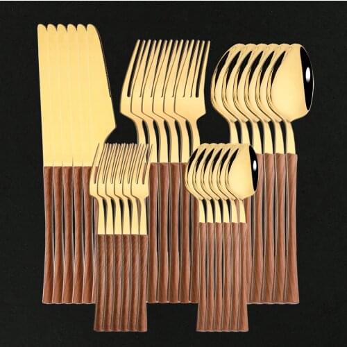 30pcs/6Set Stainless Steel Imitation Wooden Handle Cutlery Set Dinnerware Western Tableware Knife Fork Tea Spoon Silverware