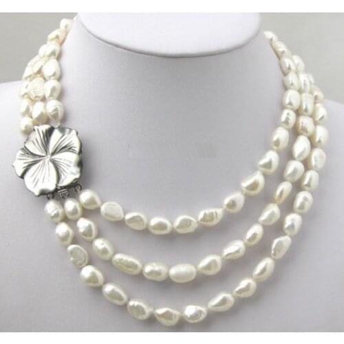 Natural 3 Rows 8-9MM White Pearl Shell Flower Clasp Necklace 20 Inch