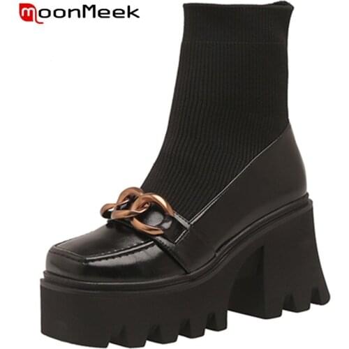 MoonMeek 2022 New Arrival Women Winter Boots Hot Sale Fashion Ankle Boots Platform Metal Decoration Genuine Leather Modern Shoes