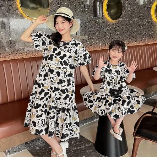 Print Floral Mother Daughter Dresses Summer Short Sleeve Loose Long Dress Women Girls Family Matching Outfits Family Clothes