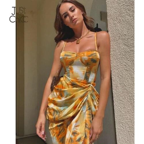Justchicc Floral Print Pleated Satin Dress Women Spaghetti Strap Split Holiday MIDI Dress Female Summer Party Sexy Party Dress