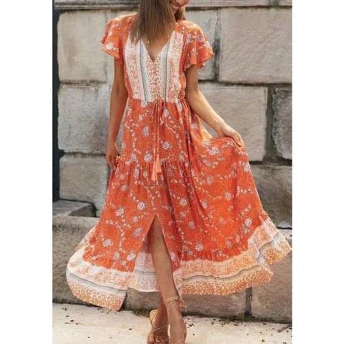 GypsyLady Orange Floral Maxi Dress Summer Vintage Holiday Women Dress Button Front Split Ruffles Tassels Lady Female Long Dress
