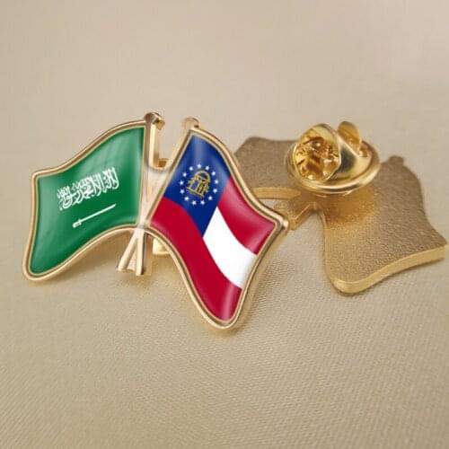 Saudi Arabia and Georgia(US) Crossed Double Friendship Flags Lapel Pins Brooch Badges