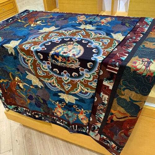 70% Cashmere 30% Silk Scarf Women Vintage Ethnic Tribal Double-sided Human & Flower Shawl Stole Big Bandana 135*135cm