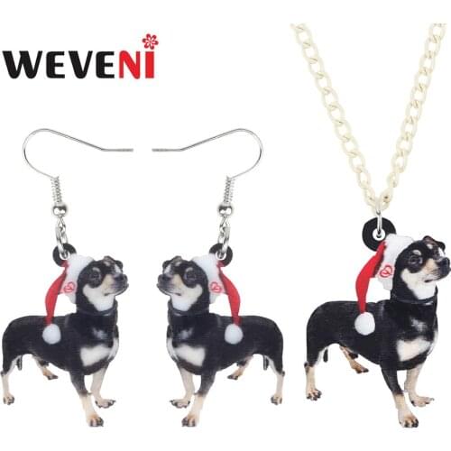 WEVENI Acrylic Christmas Hat Chihuahua Dog Jewelry Set Necklace Earrings Decoration Jewelry For Women Girls Party Gift Accessory