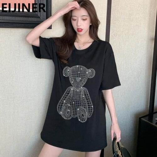 Hot Rhinestone Crystal Harajuku Cartoon Bear Cute Short Sleeve T-shirt Women Korean Casual Black Oversized Kawaii Goth Y2K Tops