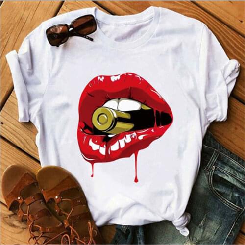 2020 womens shirt printed sexy T-shirt red lips round neck short-sleeved T-shirt womens basic T-shirt Rebel white T-shirt