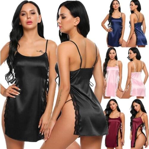 Women Sexy High Split Nightgown Nightdress with G-string Lady Solid Satin Mini Dress Sleepwear Hot Erotic Babydolls Robe