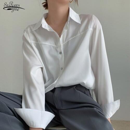 2021 Korea Loose Chiffon Women Blouse and Tops Casual Vintage Lantern Sleeve Female Shirt Apricot White Button Clothing 13170