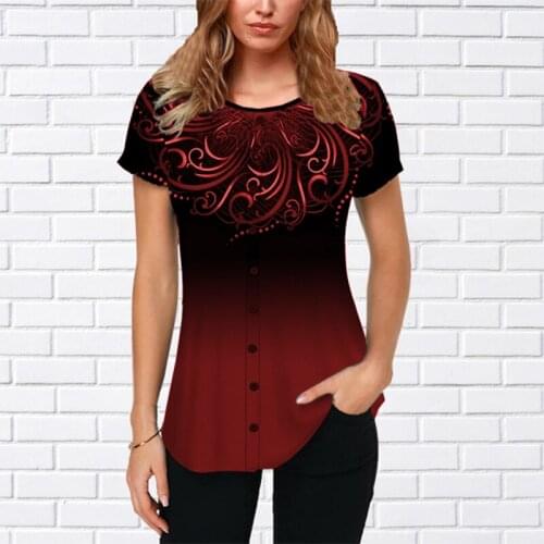 Plus Size 2021 New Summer T Shirt Women Soft Loose Fake Button Pattern Printing Casual Short T-shirt Fashion O-neck Y2k Shirts