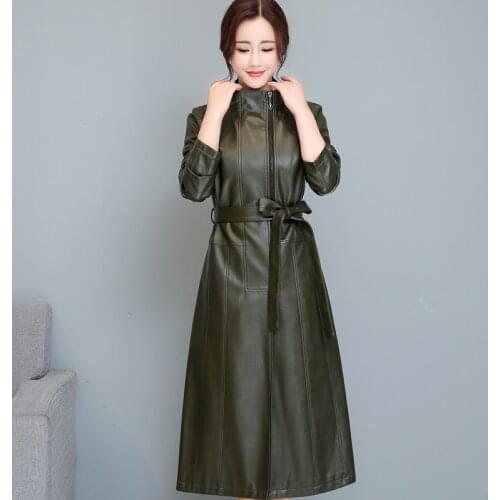 Women Faux Leather Long Jackets With Belt New Fashion Pu Leather Loose Coat Ladies Soft Faux Sheepskin Trench Female Overcoat