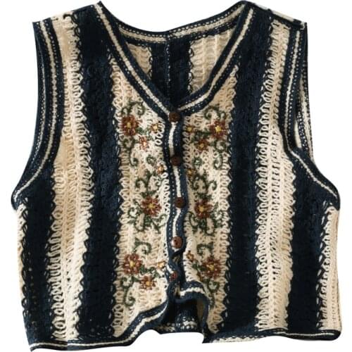 Retro short section single-breasted flower embroidered sweater vest women