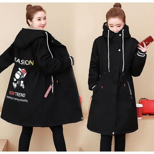 Womens Plus Velvet Padded Coat Korean Loose Warm Cotton Padded Jacket Female Parkas Hooded Long Winter Windbreaker 3XL Y564
