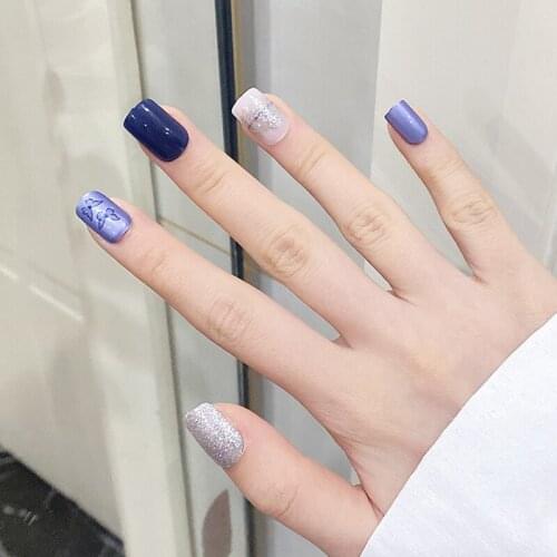 24pcs Purple Butterfly Glitter Wear Short Paragraph Fashion Manicure Patch False Nails Save Time Wearable Nail Patch SANA889