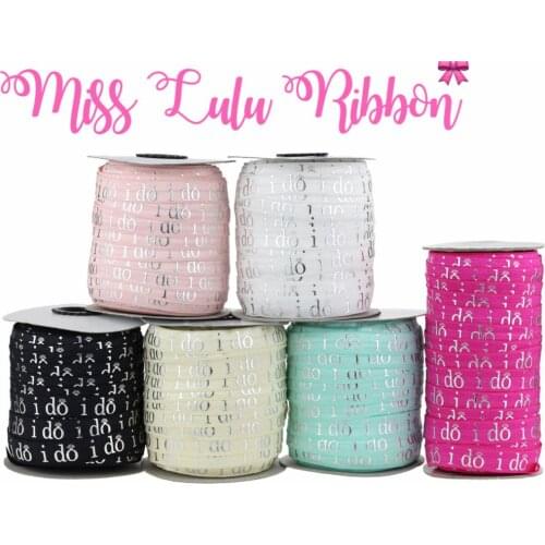 5/8"16mm Sliver Foil "I do" Printed Fold Over Elastic Ribbon Light Color Hair Tie Making DIY Girly Bowknot Ponytail 50yards/roll