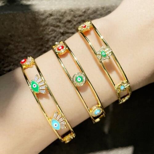 EYIKA Gold Color 2 Layer Hollow Hamsa Open Cuff Bangle Multcolor Enamel Zircon Turkish Evil Eye Bracelet for Women Girls Jewelry