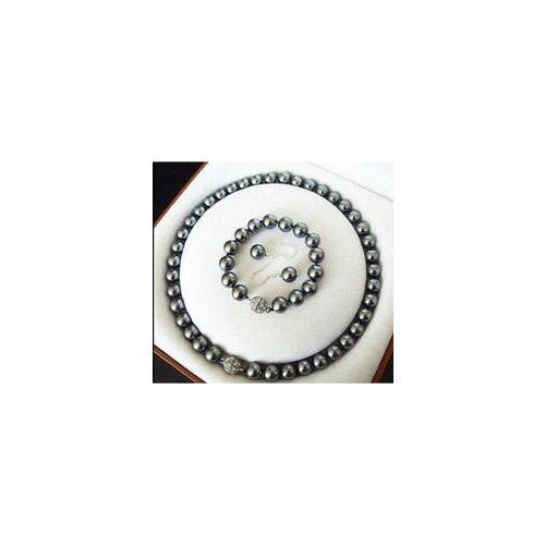 Hot sell new - Set 10mm black gary sea shell pearl earring bracelet necklace