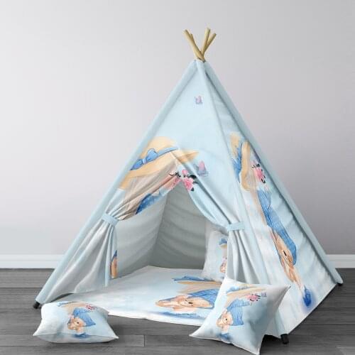 Play Tent for Kids Wigwam Portable Indoor Playground Tents Children Bedrooms Light Blue Hat Girl Bear Flower Model 213