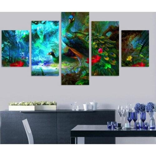 Canvas Painting Modern Art Live Wall Decoration 5 Panel Colorful Peacock No Frame Modular Pictures Landscape Oil Painting