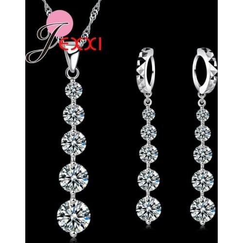 Hot Fashion 925 Silver Luxury CZ Long Tassel Drop Necklace Earrings Set Elegant Women Bride Wedding Jewelry Sets