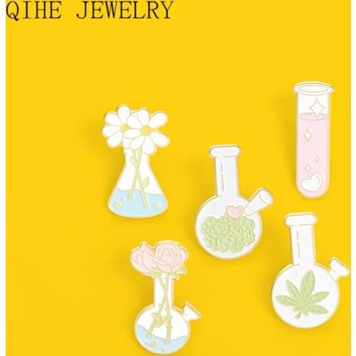 Lab Flask Test Tube Enamel Pin Custom Daisy Rose Brooch Lapel Badge Bag Cartoon Plant Jewelry Gift For Lover Chemical Scientists