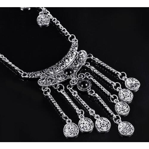 Tassel Exaggerated Long Silver Plated Coin Necklace Women Turkish Indian Ethnic nice vintage Necklaces&pendant for women collare