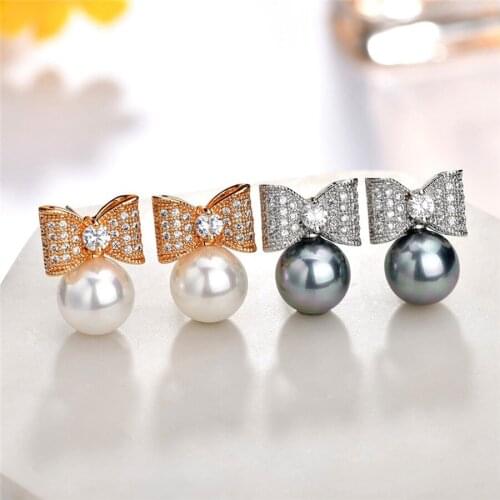 11.11 SALE Bowknot Shaped Cute Earrings for Girls Micro Paved With Tiny CZ Stone and Simulated Pearl Korean Style Jewellery Gift
