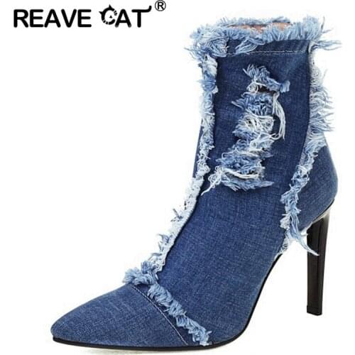 ORCHALISA 2021 Autumn Design Ripped Denim Ankle Boots Pointed Toe Stiletto High Heel Back Zip Fur inside Small Size 33-45 S2479