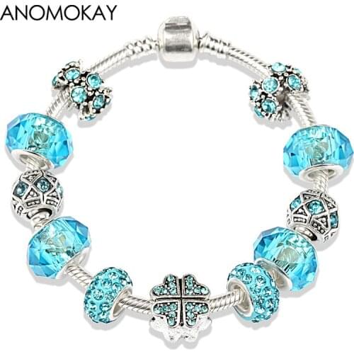 Anomokay New Glass Charm Jewelry Silver Plated Bracelets for Women Gift Blue Crystal Beads Bracelet Bangle Female Pulseras Mujer