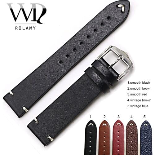 Rolamy 20 22 24mm Real Calf Vintage Leather Black Brown Red Watch Band Strap Belt Polish Buckle For Rolex Omega Seiko IWC Brand