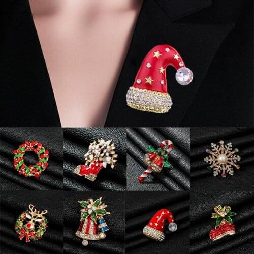 Christmas Gifts Elk Christmas Trees Hat Rhinestone Brooches For Men Women Suit Pins Jewelry Coat Dress Accessories
