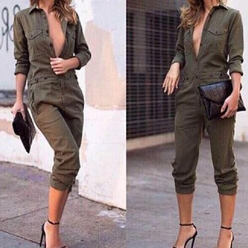 Sexy Women New Fashion Slim Bodycon Jumpsuit Long Sleeve Army Green Solid Casual Bodysuit Ladies Vintage Romper Long Jumpsuit