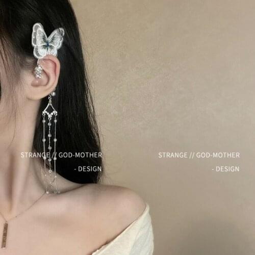 Butterfly earrings female summer pearl tassel earrings temperament super fairy fairy no pierced zircon ear clips wholesale