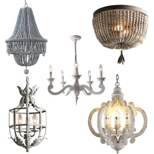 Aged White wood chandelier 6 lights farmhouse vintage french style chandelier lighting kitchen foyer bedroom dining loft nordic