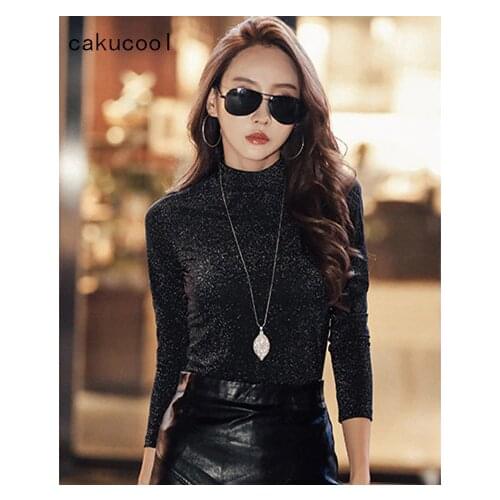 Cakucool Basic Shirt Top Women Shiny Lurex Long Sleeve Stand Collar Mesh Blouse Slim Korean Lace Chic Women Clothing Plus 3XL