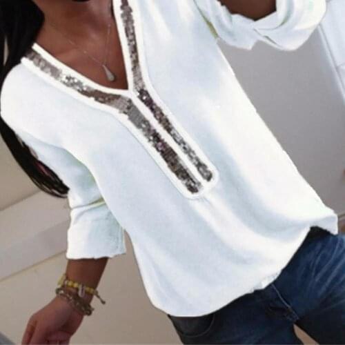 Fashion Plus Size Women Clothing Ladies Long Sleeve Loose Spring Autumn V-Neck Casual Shirts Tops Sequined Solid Casual Soft