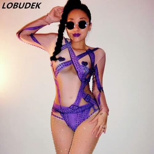 Bar Female Jazz dance costumes Nightclub women singer stage show DJ DS performance outfits Purple crystals bandage bodysuit