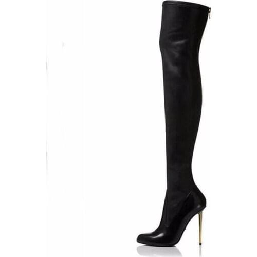 2018 New Autumn Winter Women Boots Stretch Slim Thigh High Boots Fashion Gold Metal Heels Zip Decor High Heels Gladiator Shoes