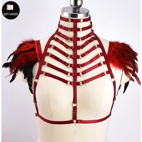 Gothic Feather Body Harness Cage Bra Epaulettes Angel Wings Women Burning Man Adjust Pole Dance Rave Wear Red Neck Harness Bra