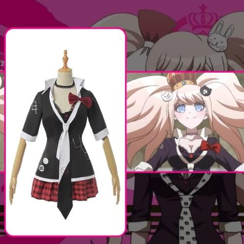 Full Sets Dangan Ronpa Enoshima Junko Cosplay Costume Pink Long Wig with Bear Hairpins Women Halloween Cosplay Skirt Shirt