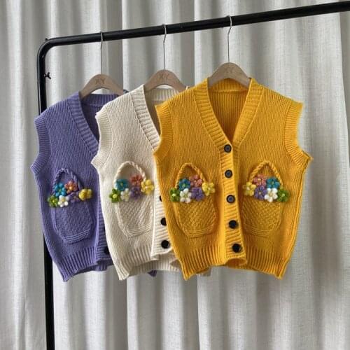 Vest Sweater Sweet Female Short Loose V-neck Knitwear Cute Cardigan Color Flower Fall Winter Sleeveless Sweater Knit Tops Girl