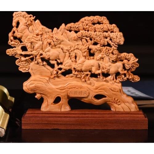 16-23CM Eight horses running Wood statue Animal Statue Decoration Double-sided Carved Hollow Home Office Decoration Gift Box