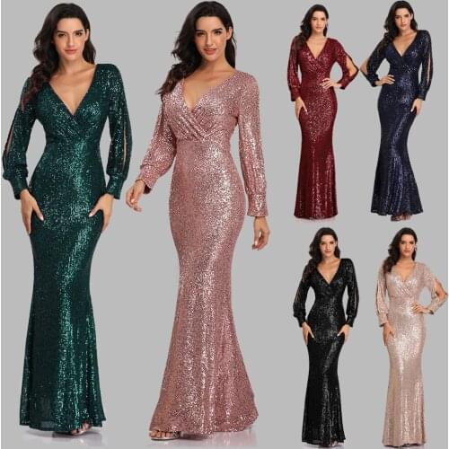 2021 Womens Evening Dresses V-Neck Long Sleeve Sequined Lace Prom Gowns Floor Length Plus Size Mermaid Special Occasion Dress
