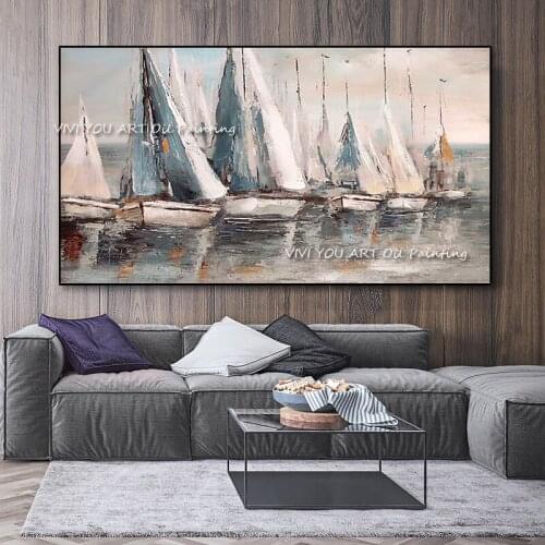 Abstract Landscape 100% Handmade Oil Painting Sea Sailboat Canvas Painting Wall Art abstract wall art handmade image