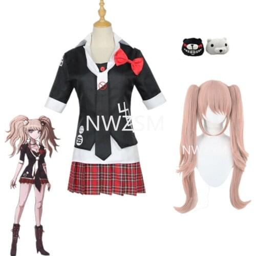 Anime Danganronpa Cosplay Costume Enoshima Junko Uniform Short Skirt Double Tail Braid Wig Black and white bear hairpins, please