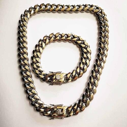 8/10/12/14/16/18mm Stainless Steel Silver Color Miami Cuban Link Chain Necklace Bracelet Sets Rapper Cool Hip Hop Mens Jewelry
