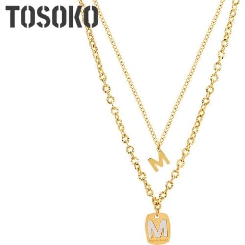 TOSOKO Stainless Steel Jewelry Letter M Double Layer Stacked Necklace Womens Fashion Unique Clavicle Chain BSP894