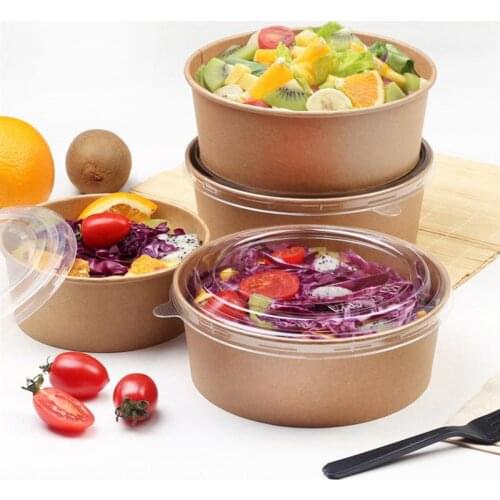 20/50pcs Disposable Kraft Paper Bowls Fruit Salad Bowl Food Packaging Containers Party Favor Take Away Paper Bowl(16oz,With Lid)