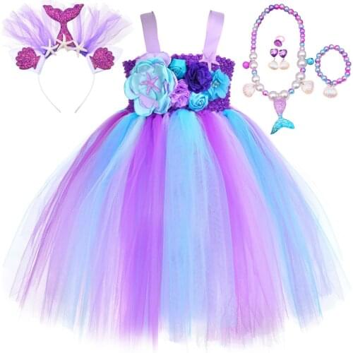 Flower Girl Princess Mermaid Dress for Girls Kids Halloween Costumes Birthday Party Dresses Gown Tulle Outfit Mid-carf Tutus Set